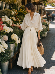 Elegant Ivory Striped Pleated Skirt Set