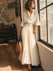 Elegant Ivory Striped Pleated Skirt Set
