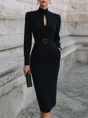 Minimalist Keyhole Neck Slim-fitting Back Slit Cotton Midi Dress With Belt