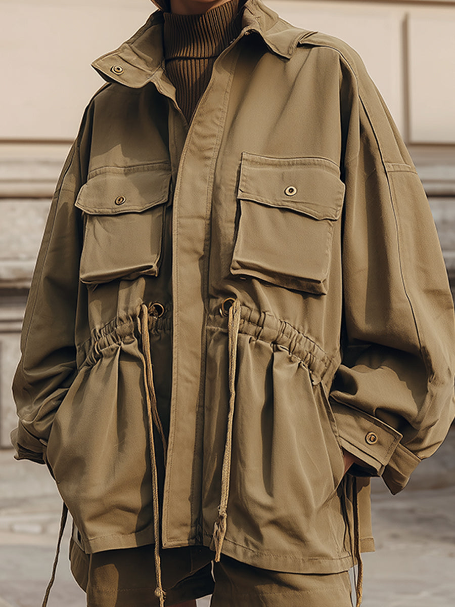 Casual Oversized Waist Drawstring Cargo Pockets Washed Cotton Jacket