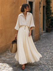 Elegant Ivory Striped Pleated Skirt Set