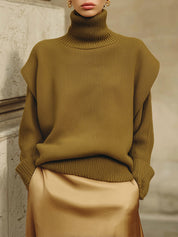 Minimalist Turtleneck Bat-sleeve Knitted Blouse & Long-sleeved Sweater Set