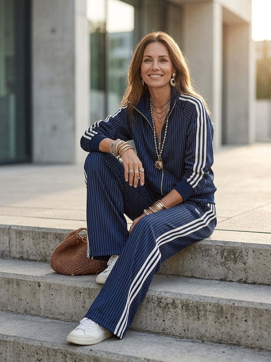 Women's Satin Pinstripe Tracksuit Set - Zip-Up Jacket & Wide-Leg Pants