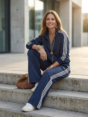 Women's Satin Pinstripe Tracksuit Set - Zip-Up Jacket & Wide-Leg Pants