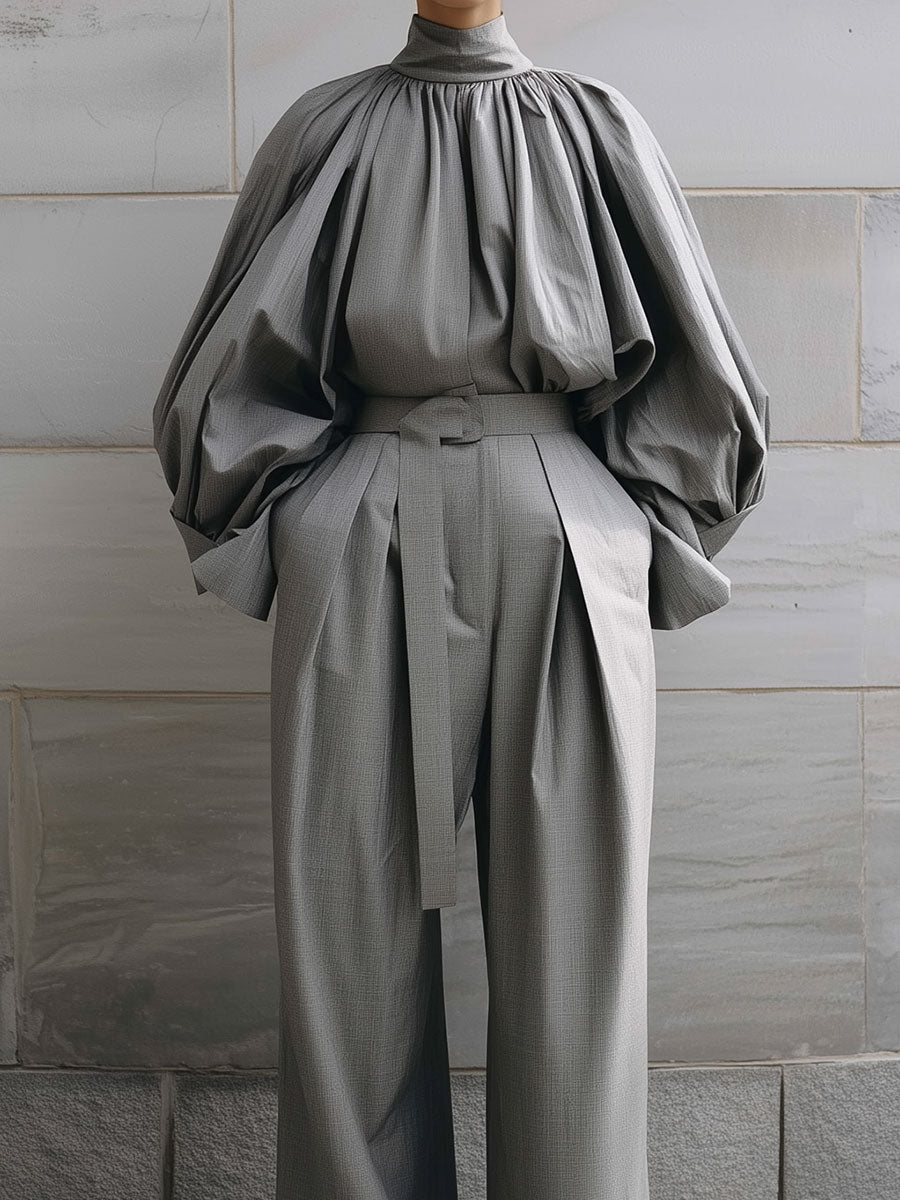 Pleated Stand Collar Blouse & Pinch Pleated Wide Leg Pants Set With Belt