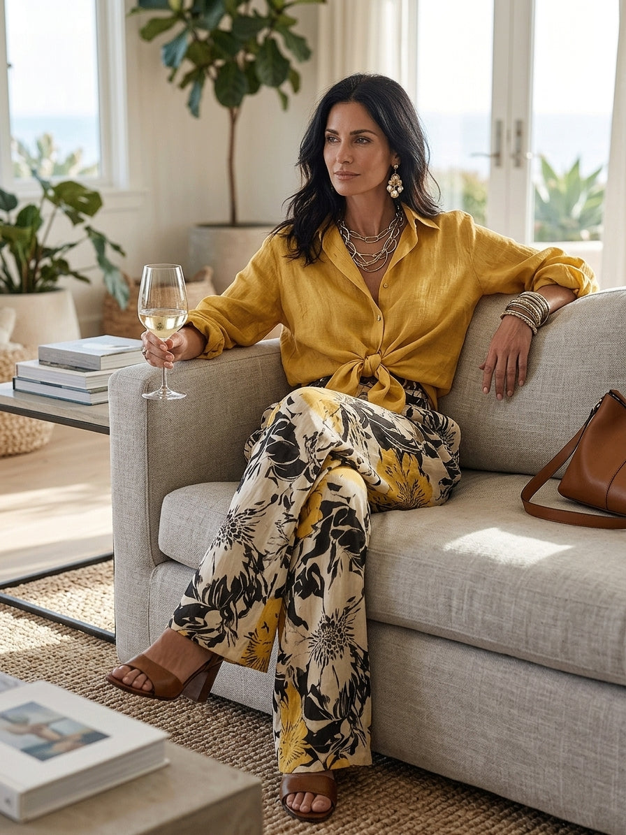 Floral Print Wide-Leg Pants With Tie-Front Linen Shirt Set