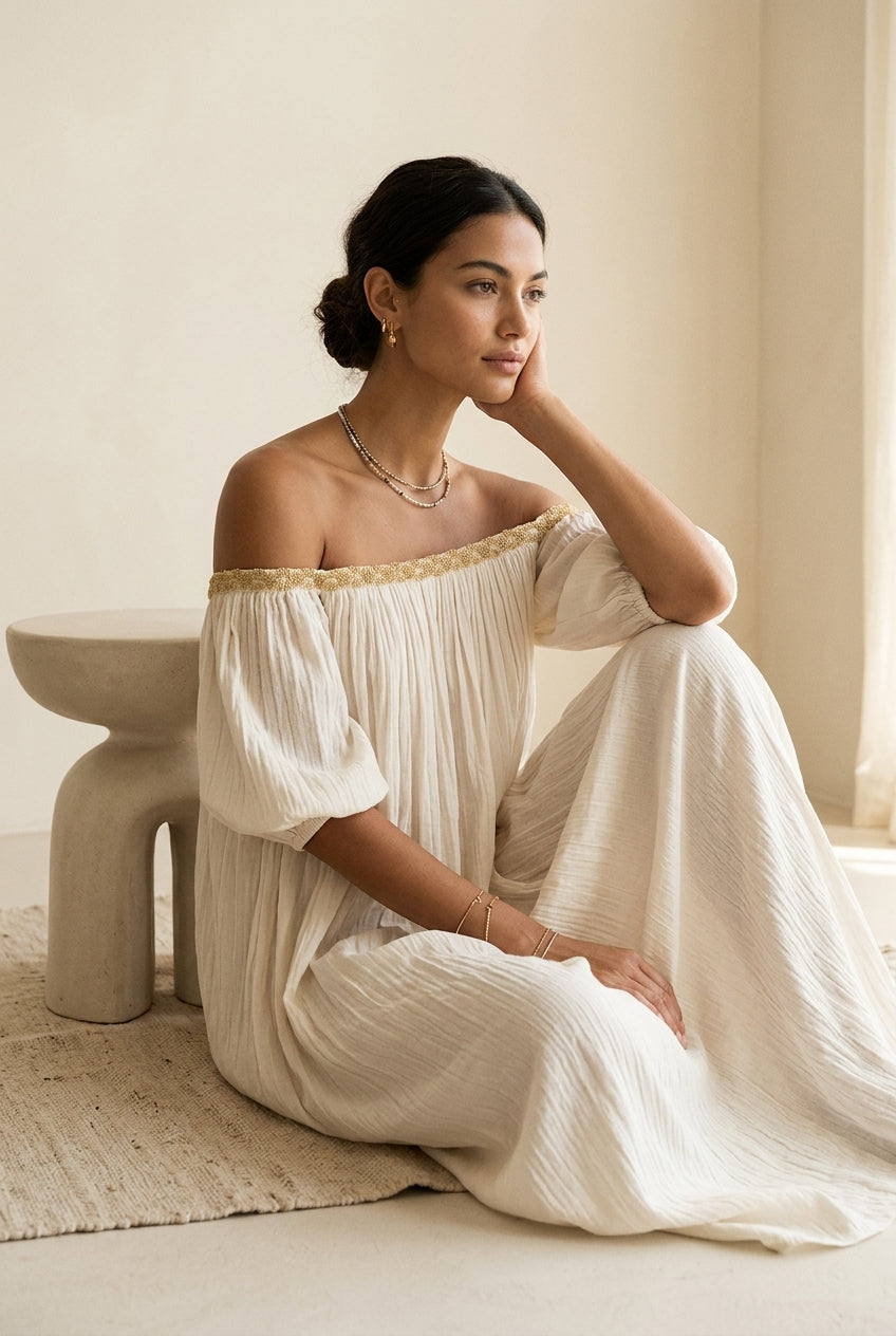 Bohemian Style Off-the-shoulder Pleated Ivory Long Dress