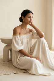 Bohemian Style Off-the-shoulder Pleated Ivory Long Dress