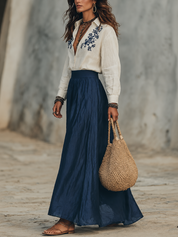 Elegant Ivory Embroidered Blouse & Navy Maxi Skirt Set