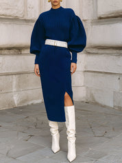 Minimalist Balloon Sleeves Knitted Hem Slit Midi Dress
