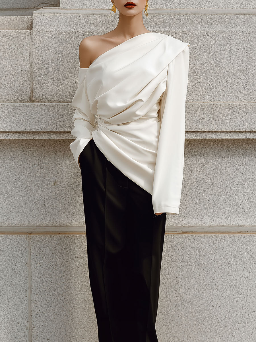 90s Minimalist Commuter Pleated Asymmetrical Slanted Shoulder Blouse