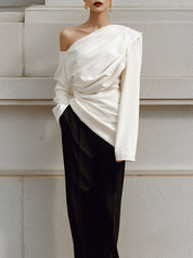 90s Minimalist Commuter Pleated Asymmetrical Slanted Shoulder Blouse
