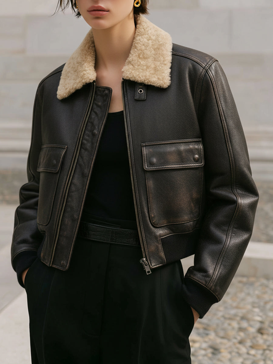 Retro Distressed Eco-friendly Leather Plush Patchwork Collar Cropped Jacket