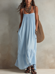 Fresh And Elegant Misty Blue Bohemian Style Long Dress With Thin Straps