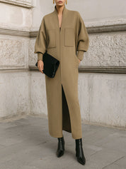 Deconstructed V-neck Lantern Sleeves Mid Dress With Front Slit