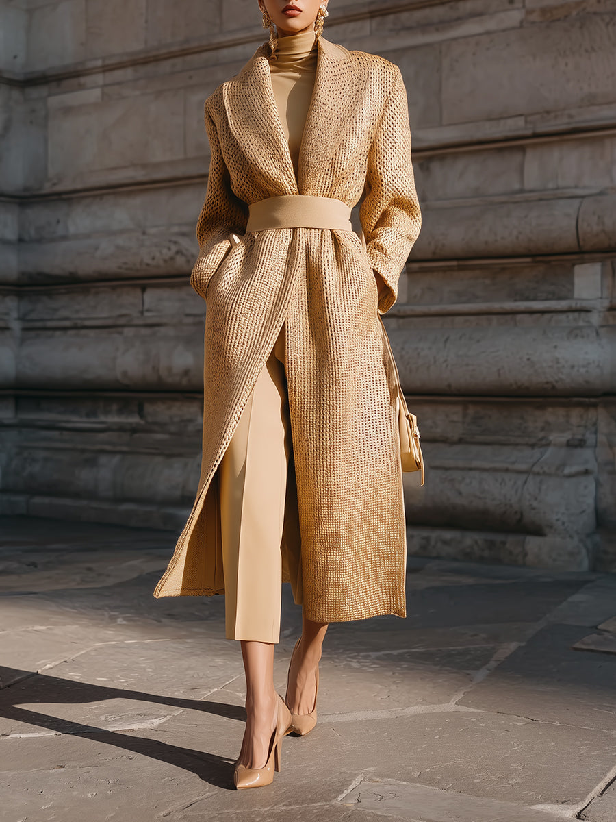 Quiet Luxury Textured Beige Grid-patterned Wool Tweed Coat