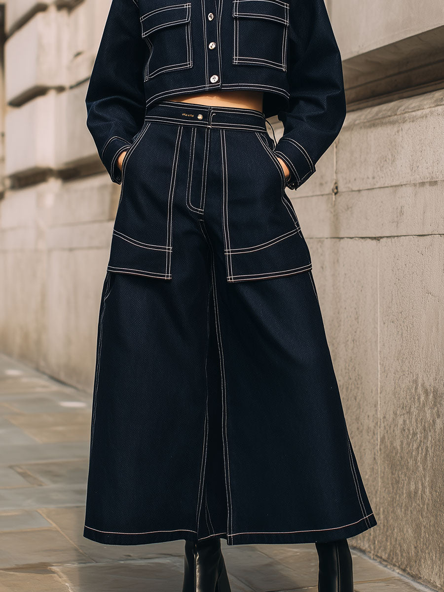 Minimalist Denim Jacket & Topstitched Patch Pocket Skirt Set