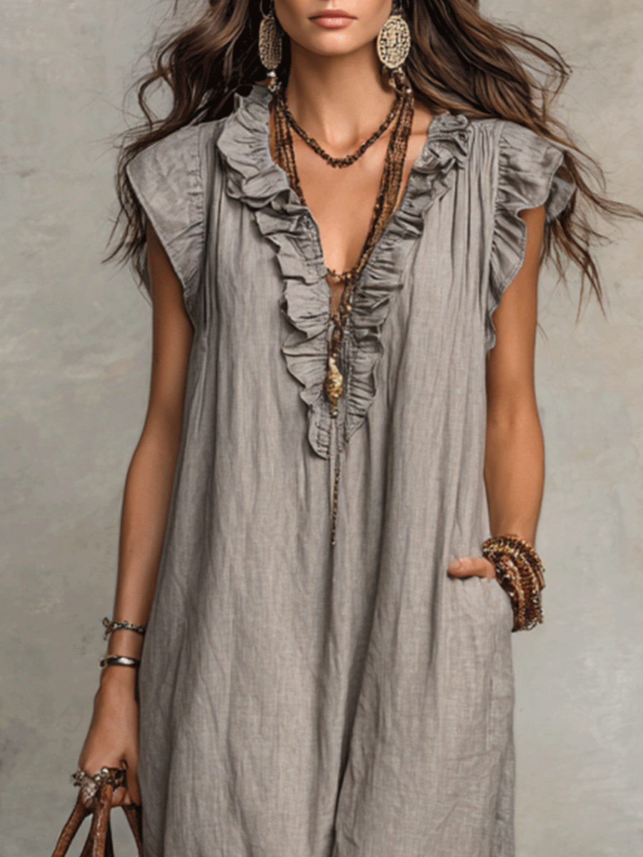 Bohemian Sleeveless Ruffle V-Neck Flowy Maxi Dress