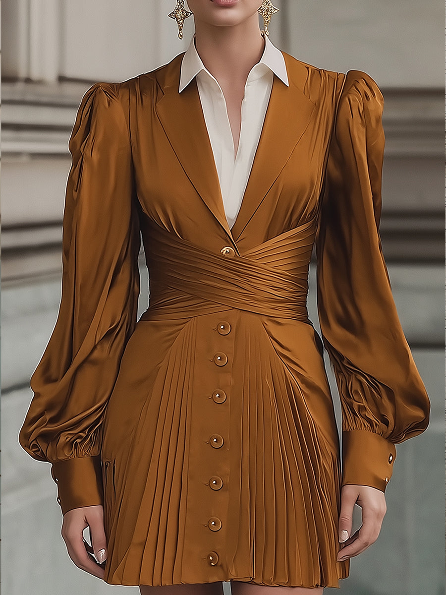 Old Money Fashion Regal Brown Puff Sleeves Mini Dress