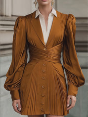Old Money Fashion Regal Brown Puff Sleeves Mini Dress
