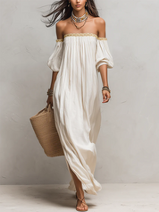 Bohemian Style Off-the-shoulder Pleated Ivory Long Dress