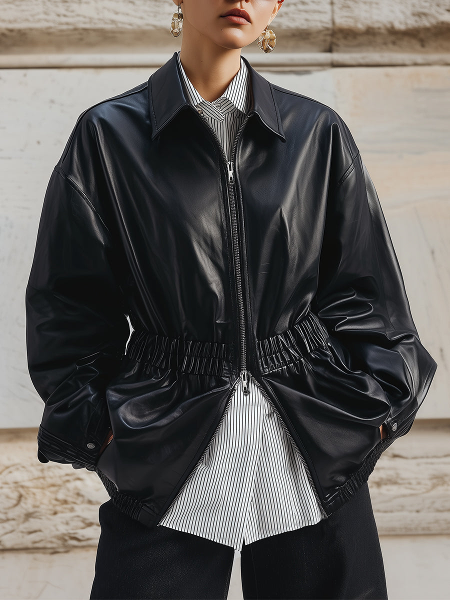 Minimalist Pleated Waist Double-zip Eco-friendly Leather Jacket