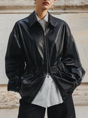 Minimalist Pleated Waist Double-zip Eco-friendly Leather Jacket