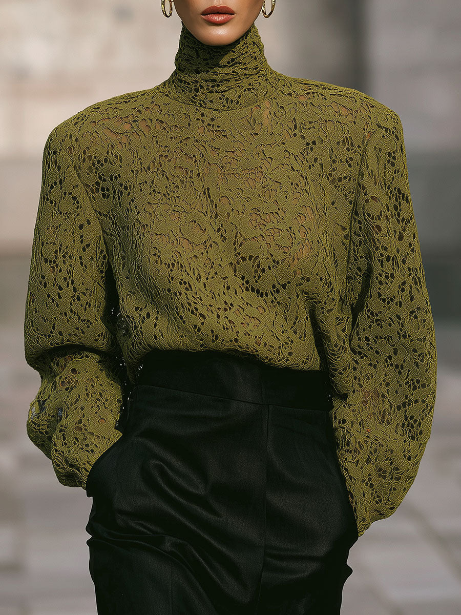 Old Money Style High Collar Lace Shoulder Pads Blouse