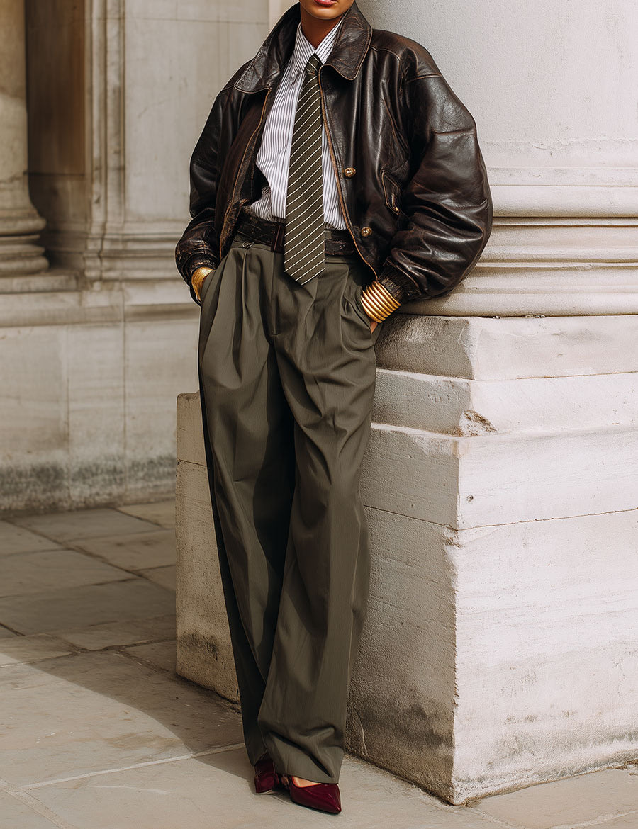 Commuting Eco-friendly Leather Off-shoulder Oversized Bomber Jacket