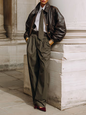 Commuting Eco-friendly Leather Off-shoulder Oversized Bomber Jacket