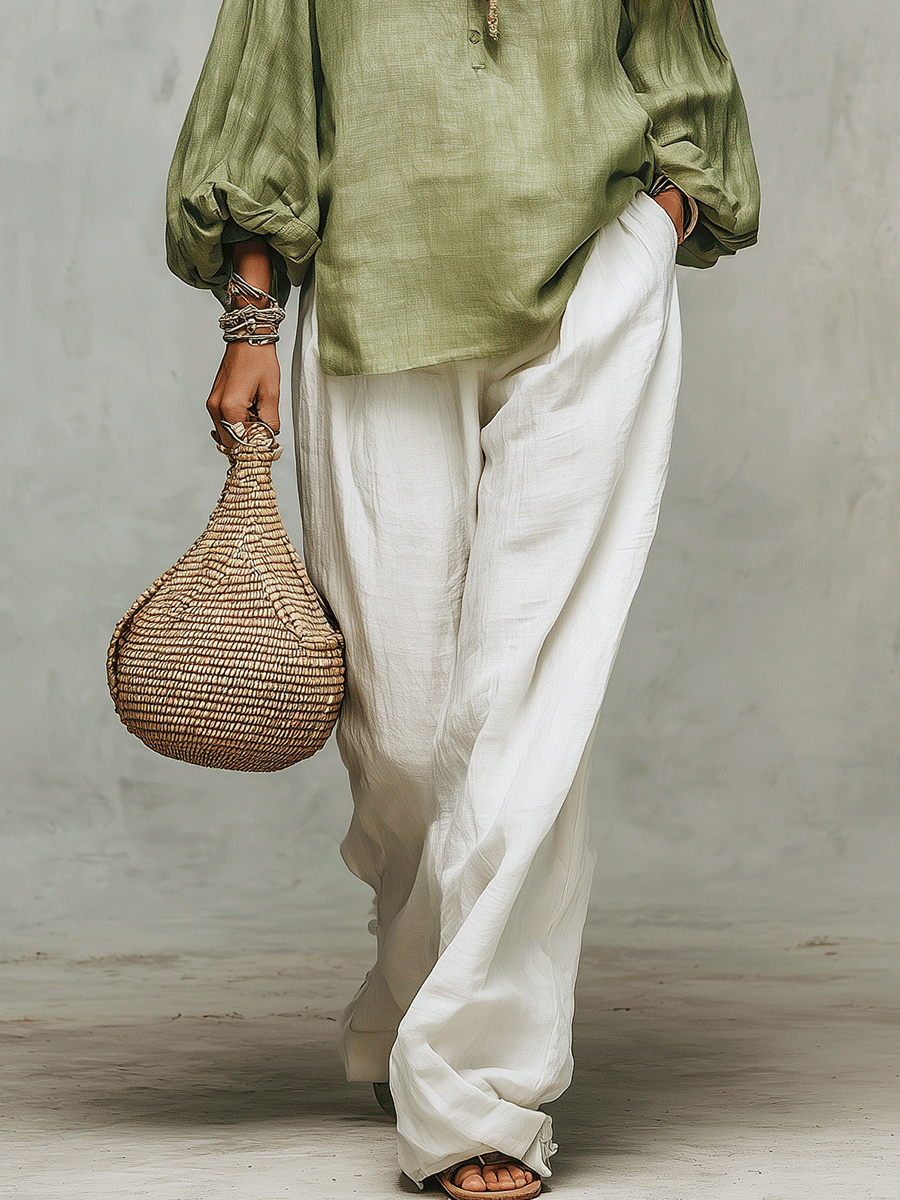 Sage Linen Blouse & Relaxed White Trousers Everyday Escape Set