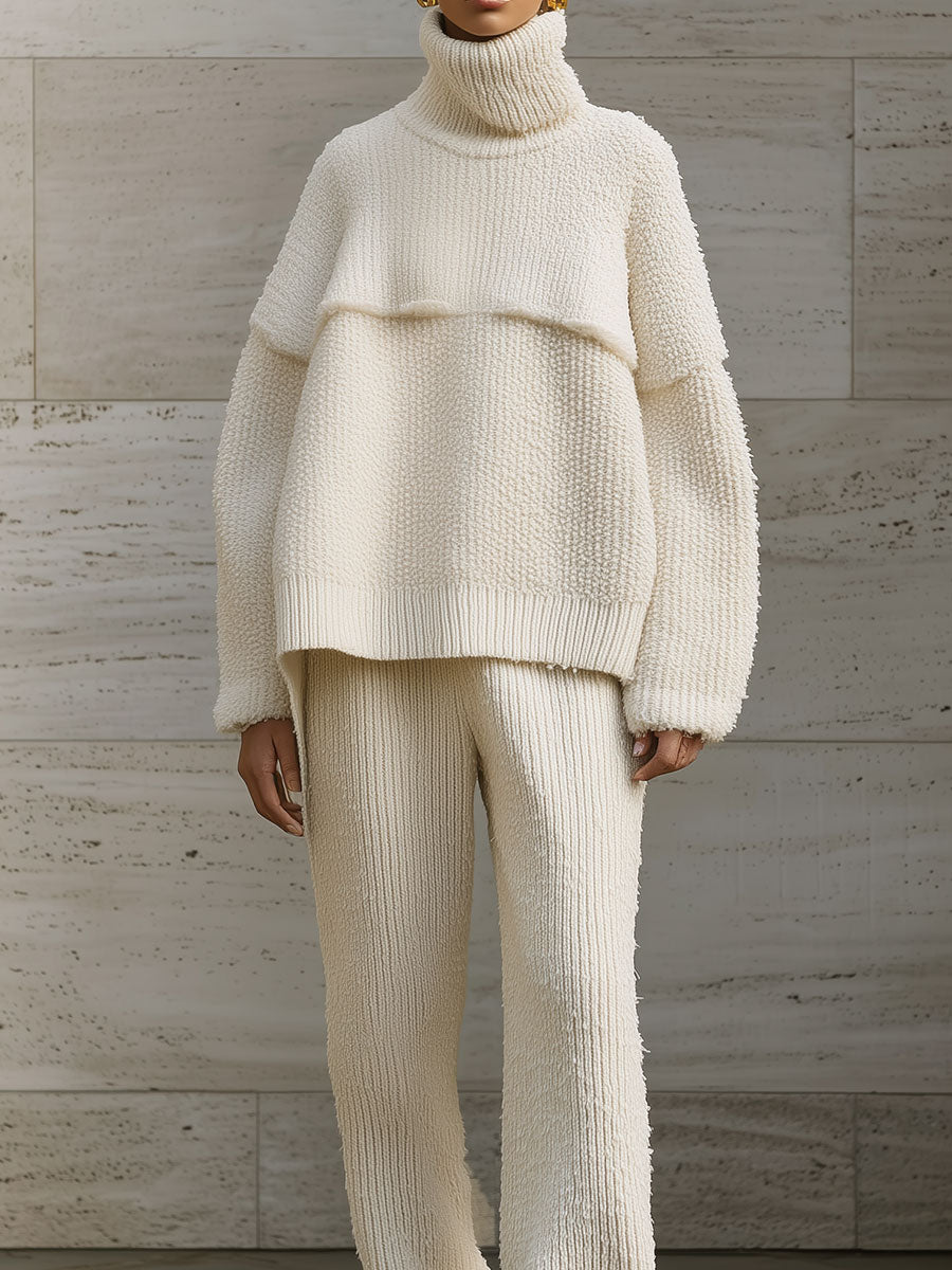 Chic Turtleneck Knitted Off-shoulder Sweater & Micro-flared Trousers Set