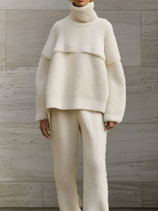 Chic Turtleneck Knitted Off-shoulder Sweater & Micro-flared Trousers Set