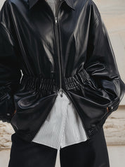 Minimalist Pleated Waist Double-zip Eco-friendly Leather Jacket