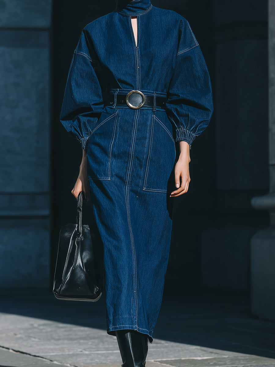 Future Vintage Utility Elegance Midnight Sculpt Denim Maxi Dress