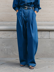 Minimalist Deconstructed Drop Shoulder Denim Blouse & Pleated Wide Leg Jeans Set