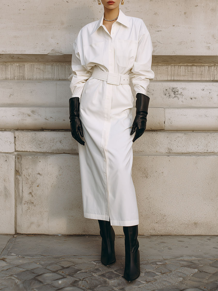 Extremely Simple Drop-shoulder Sleeve Midi Shirt Dress With Belt