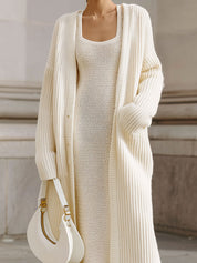 Minimalist Knitted Vest Dress & Off-shoulder Cardigan Set