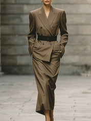Simple Lapel Loose Blazer & Back Slit Cotton Blend Midi Skirt Set