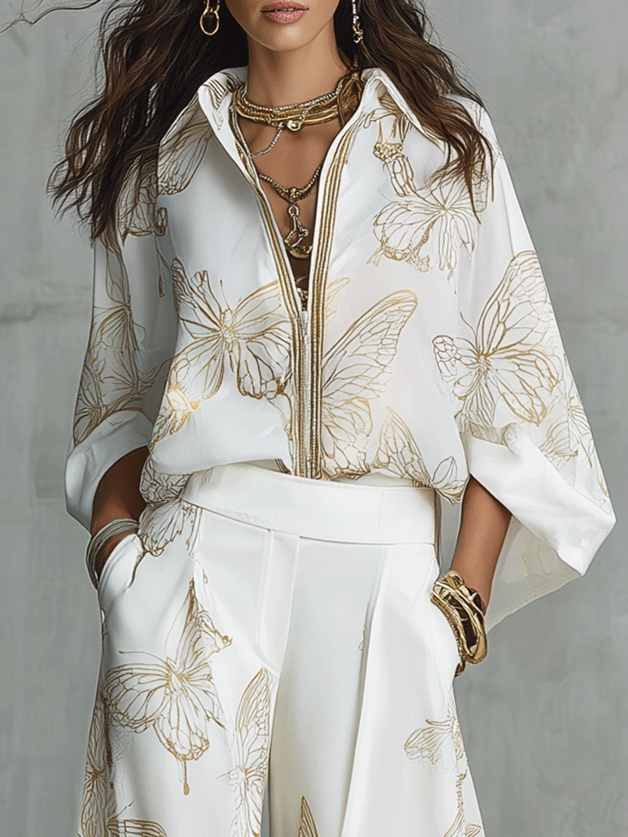 Bohemian Luxe Butterfly Jacquard Blouse & Wide-Leg Pants Set