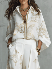 Bohemian Luxe Butterfly Jacquard Blouse & Wide-Leg Pants Set