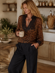 Boho Luxe Leopard Lace Trim Chiffon Blouse Top