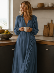 Ruffle Trim V-Neck Long Sleeve Maxi Dress