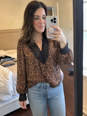 Boho Luxe Leopard Lace Trim Chiffon Blouse Top