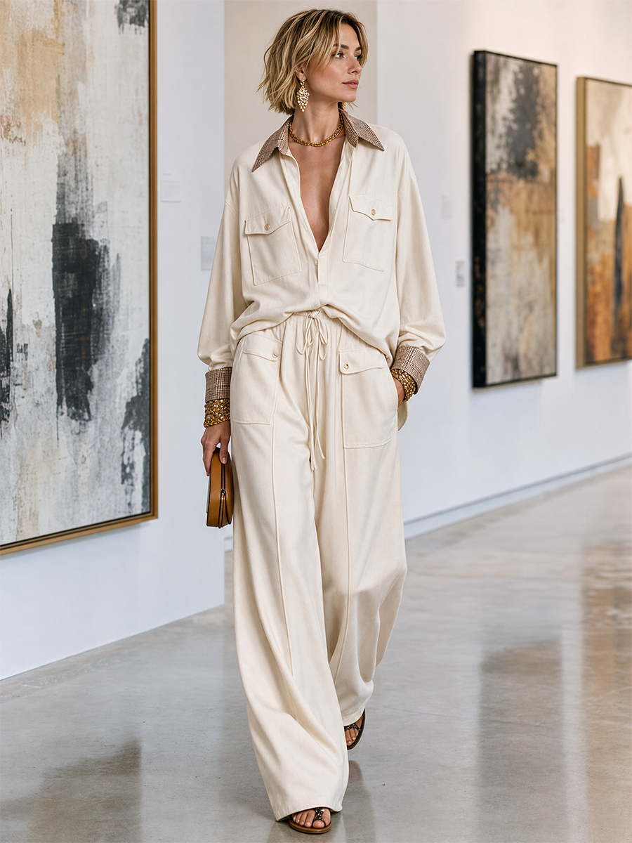 Effortless Chic Contrast Collar Shirt & Palazzo Pants Outfit Set