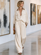 Effortless Chic Contrast Collar Shirt & Palazzo Pants Outfit Set