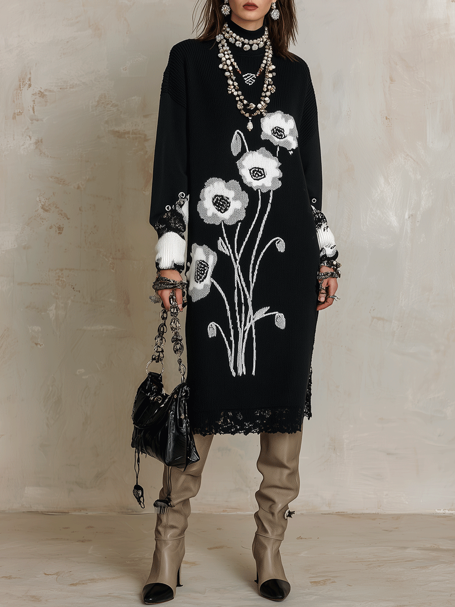 Quiet Luxury Soft Knit Oversized-Fit Black Floral Jacquard Tunic Dress