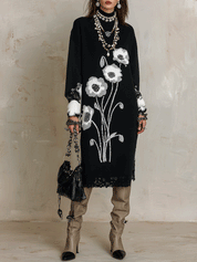 Quiet Luxury Soft Knit Oversized-Fit Black Floral Jacquard Tunic Dress