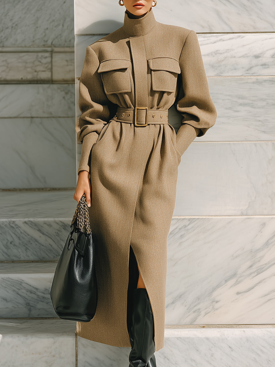 Old Money Stand Collar Lantern Sleeve Wool Mid-length Coat With Belt