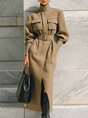 Old Money Stand Collar Lantern Sleeve Wool Mid-length Coat With Belt